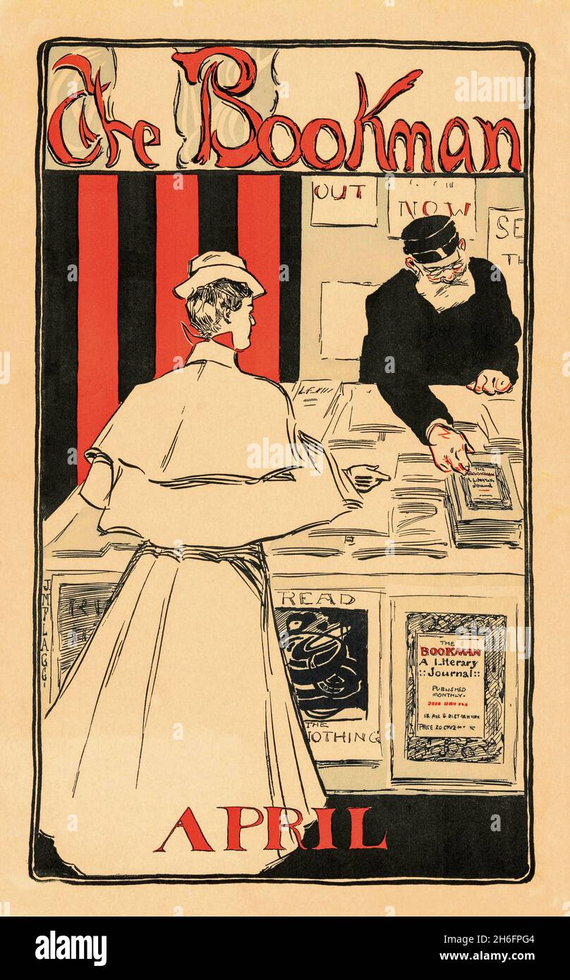 Poster for the April, 1896 issue of The Bookman.  Drawn by J.M. Flagg.  The Bookman, a literary journal, was established in 1895 by Dodd, Mead and Company in New York City and was sold to several different publishers throughout its life until it ceased publication in 1933. Stock Photo