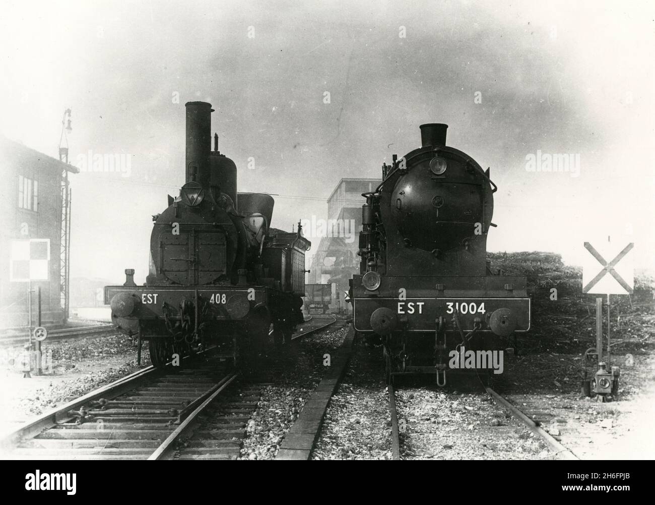Old railway locomotives at the station, France 1940s Stock Photo