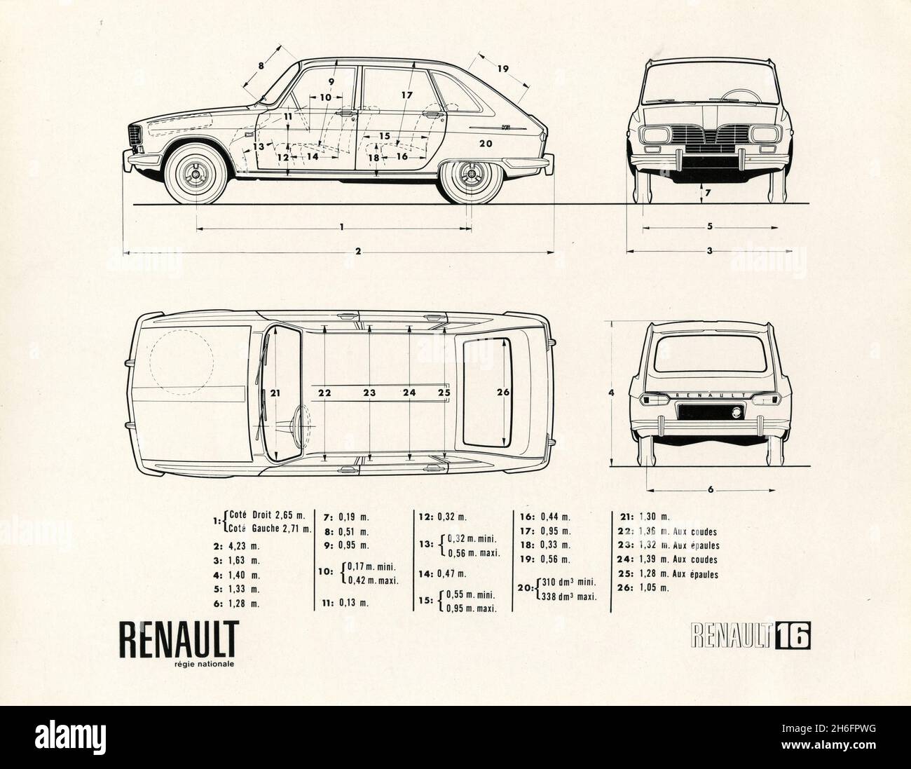 Drawings and measures of the Renault 16 car, France 1965 Stock Photo