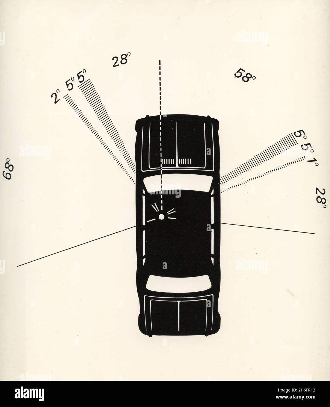 Drawing of the visibility of the four-door FIAT 125 sedan model car, Italy 1967 Stock Photo