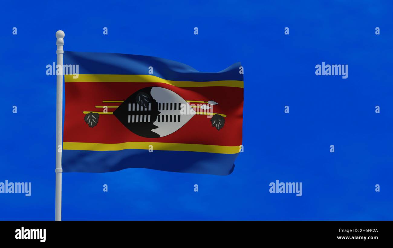 Kingdom of Eswatini aka Swaziland national flag, waving in the wind. 3d rendering, CGI Stock Photo