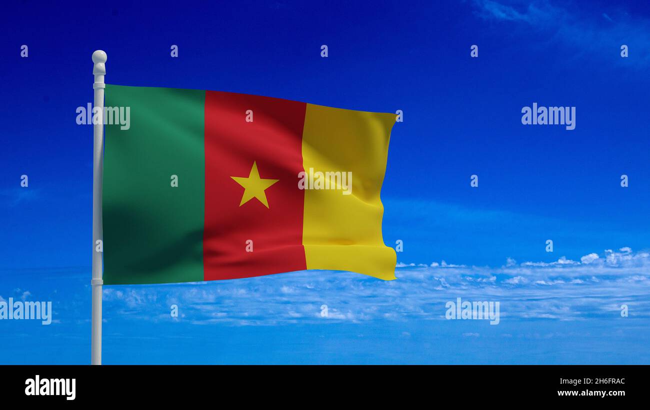Republic of Cameroon national flag, waving in the wind. 3d rendering, CGI Stock Photo