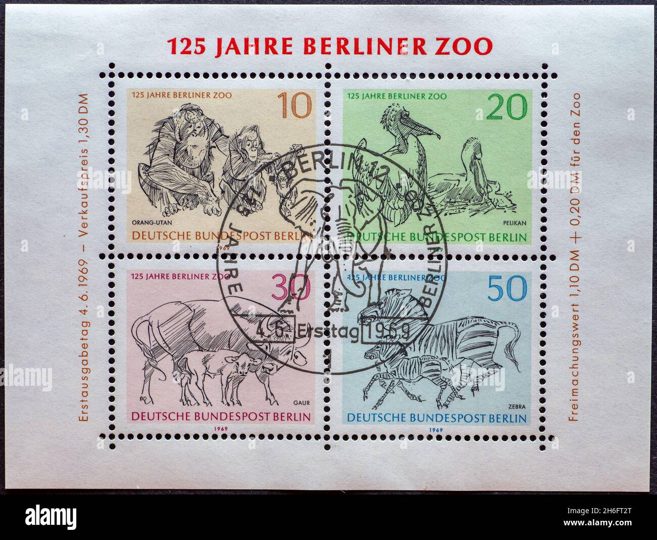 GERMANY, Berlin - CIRCA 1969: a postage stamp - a miniature sheet - from Germany, Berlin showing a Stamp block with animal drawing on the occasion: 12 Stock Photo