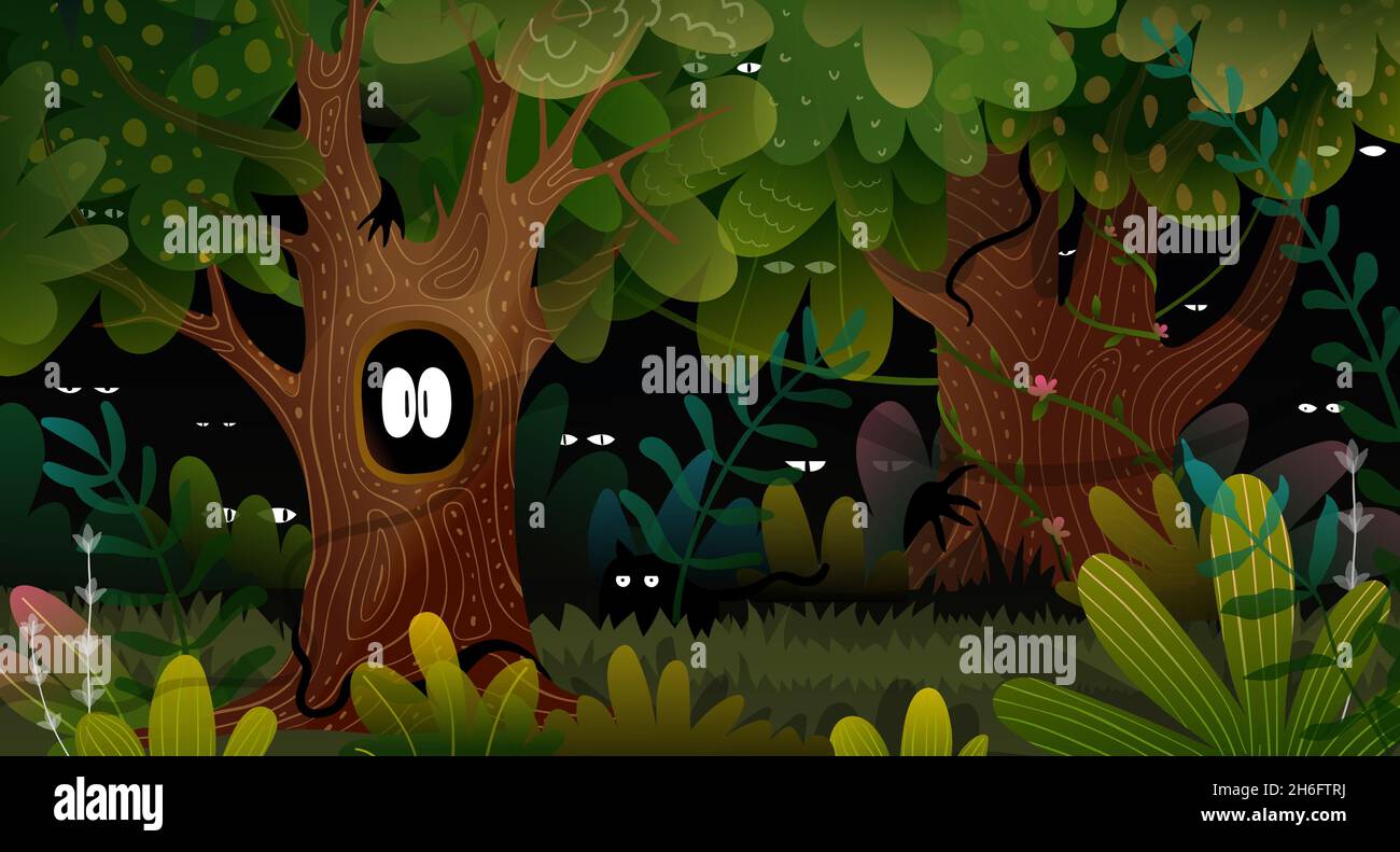 Spooky Forest Fairytale Scary Eyes in Darkness Stock Vector