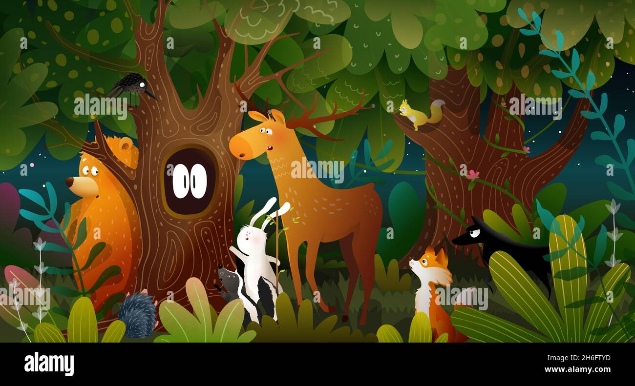 Enchanted Spooky Forest at Night with Animals Tale Stock Vector