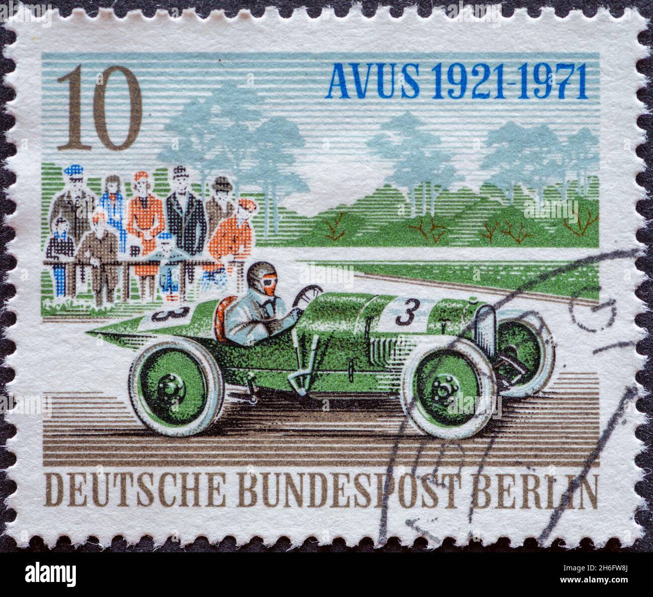 GERMANY, Berlin - CIRCA 1971 a postage stamp from Germany, Berlin showing Racing car for the 50th anniversary of the Avus race: Opel racing car around Stock Photo