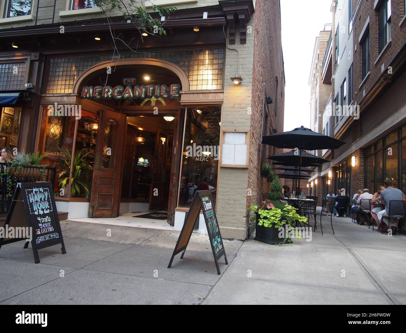 The Mercantile Restaurant, a/k/a The Merc, on Broadway in Saratoga Springs, New York, USA, 2021 © Katharine Andriotis Stock Photo