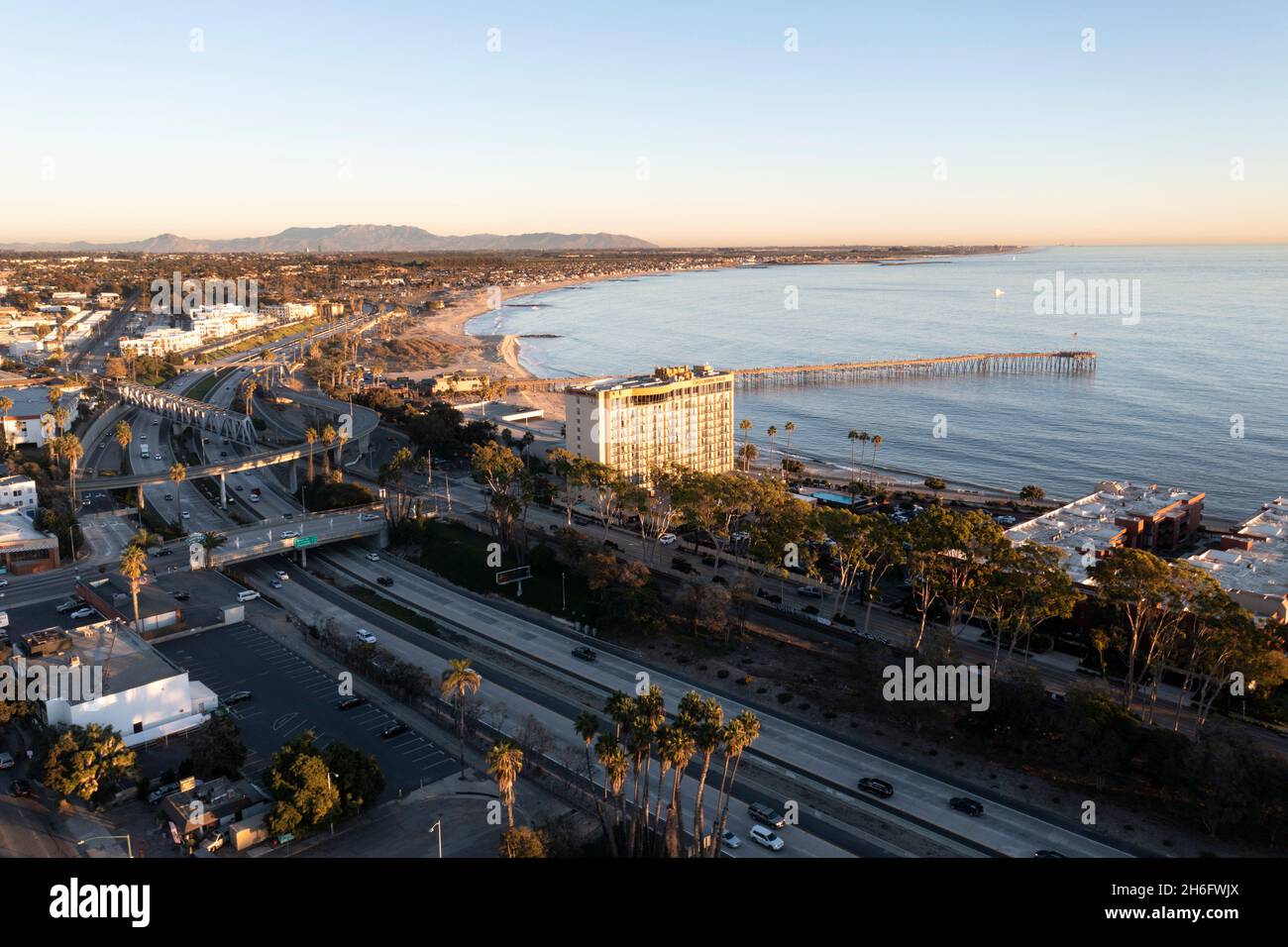 Aerial view of the Ventura, California waterfront and pier Stock Photo
