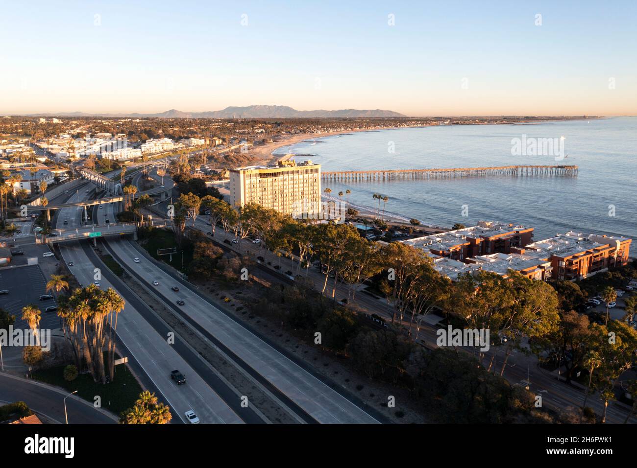 Aerial view of the Ventura, California waterfront and pier Stock Photo