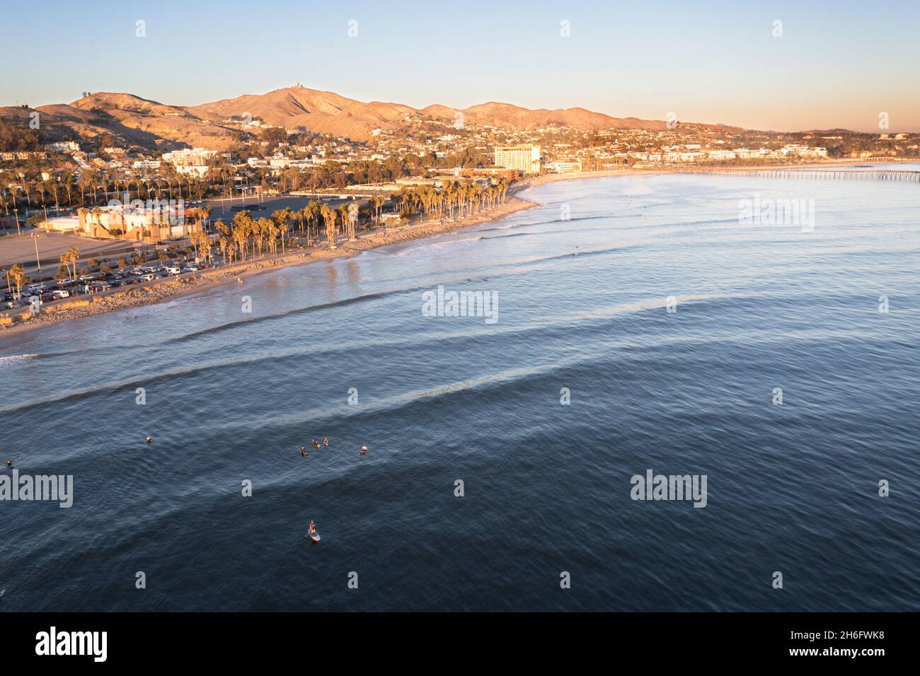 Aerial view of surfers in the Pacific Coast at Ventura California Stock Photo