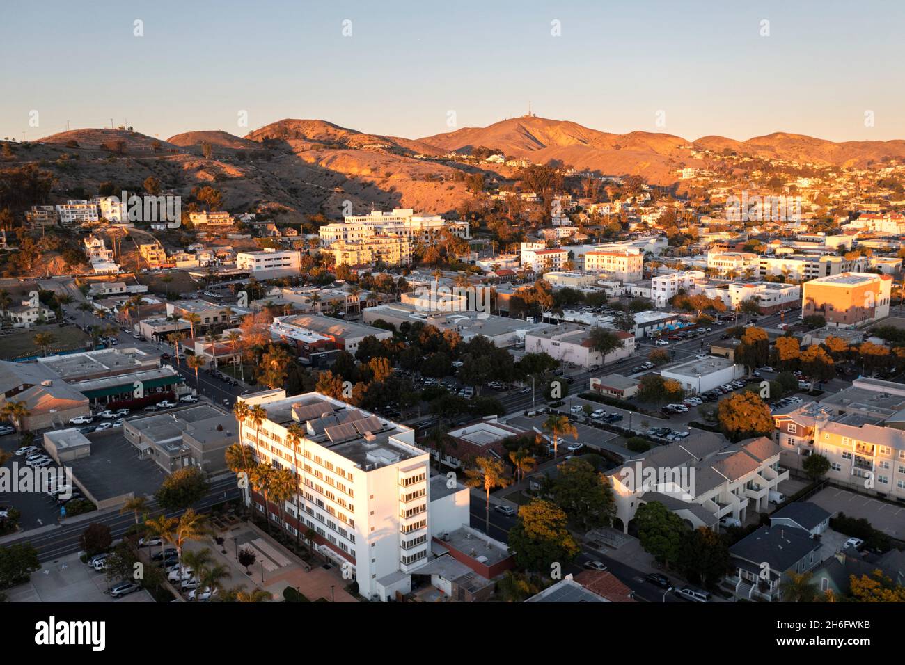 Aerial view of downtown Ventura, California bathed in golden sunset light Stock Photo