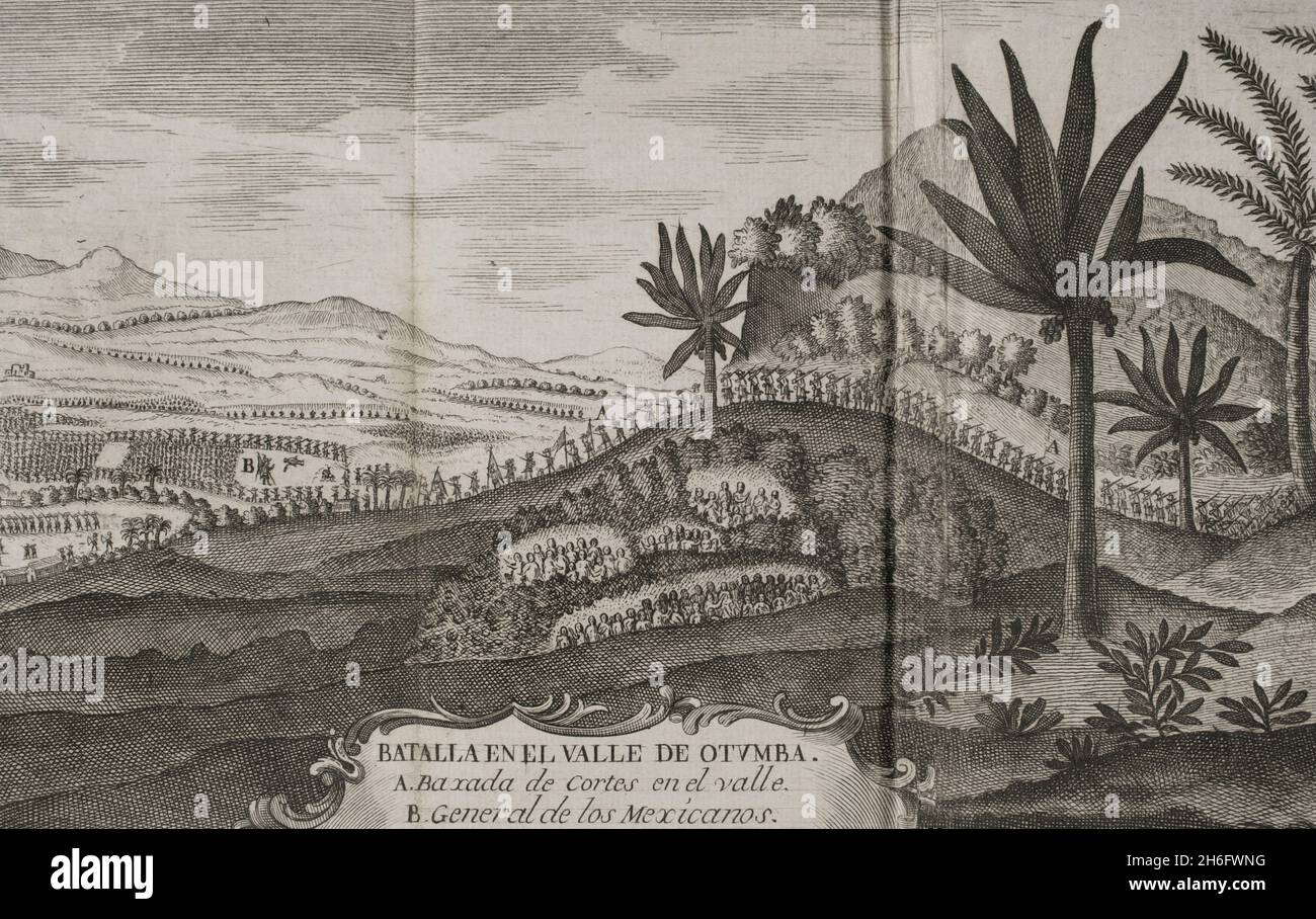 Battle of Otumba (7th July 7, 1520). Confrontation between the army of the Aztecs against Spanish troops led by Hernán Cortés. Detail of an engraving depicting Cortés' forces descending into the valley where the Aztec general was positioned (plain of Otumba Valley). 'Historia de la Conquista de México, población, y progresos de la América septentrional, conocida por el nombre de Nueva España' (History of the Conquest of Mexico, population, and progress of northern America, known by the name of New Spain). Written by Antonio de Solís y Rivadeneryra (1610-1686), Chronicler of the Indies. Volume Stock Photo
