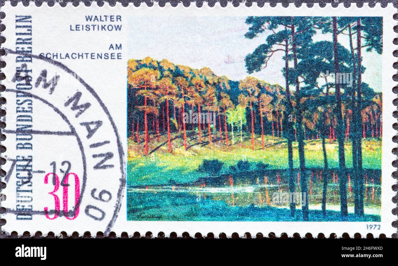 GERMANY, Berlin - CIRCA 1972: a postage stamp from Germany, Berlin showing a picture of the Schlachten lake by the painter Walter Leistikow Stock Photo