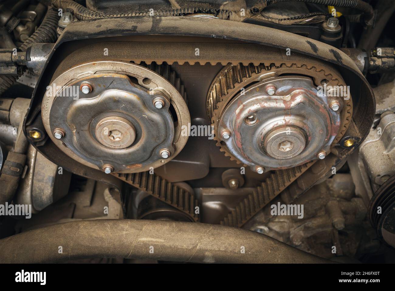 Open body with an old timing belt of a passenger car, close-up Stock Photo