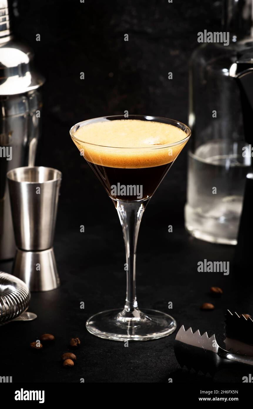 Espresso martini cocktail with vodka, coffee liqueur, syrup and ice
