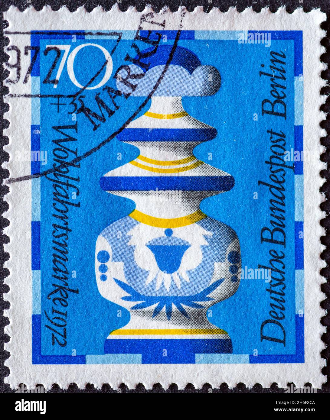 GERMANY, Berlin - CIRCA 1972: a postage stamp from Germany, Berlin showing a charity postal stamp from 1972 chess pieces from the Fayencemanufaktur he Stock Photo