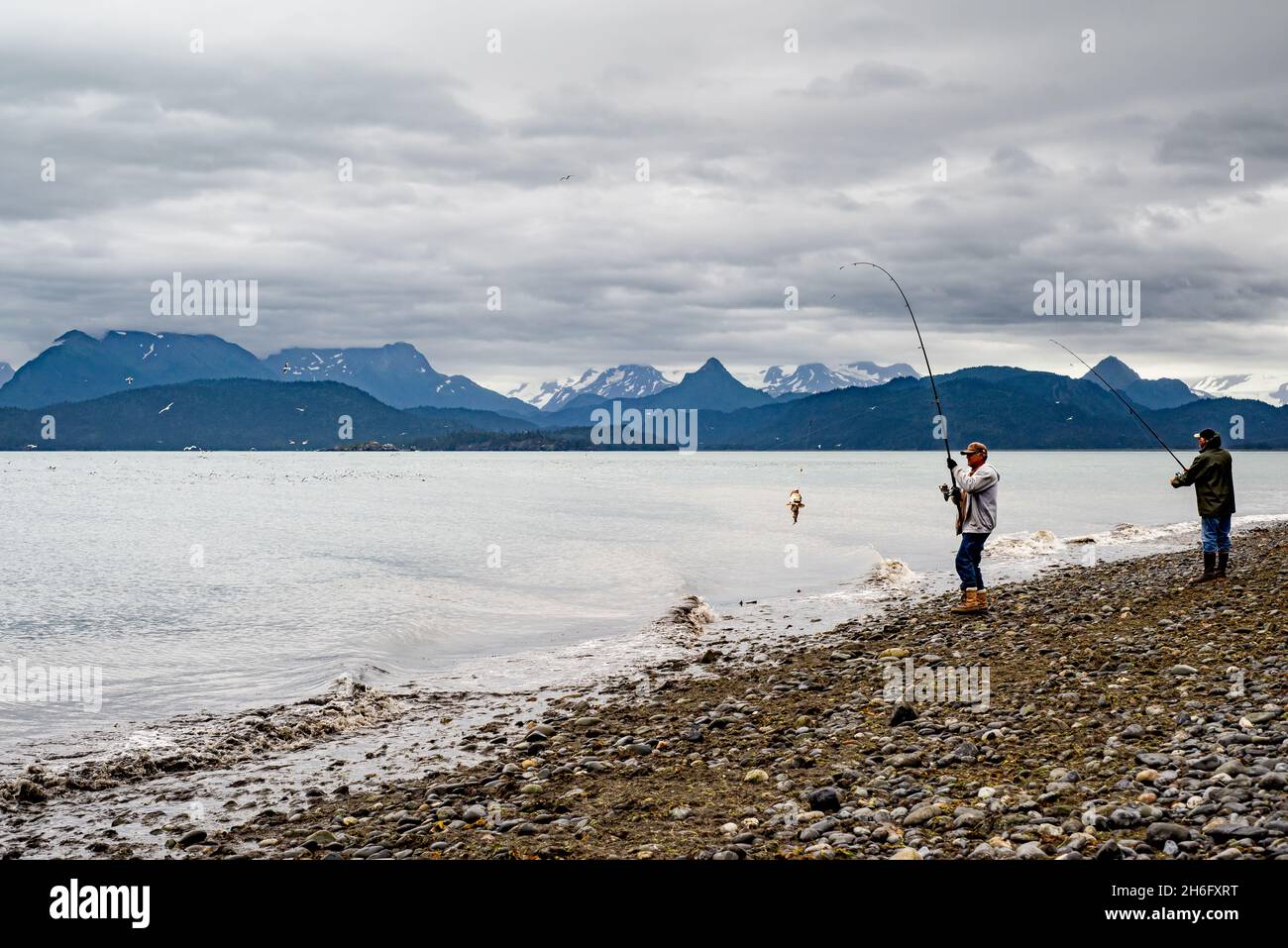 Homer Spit, Alaska, USA - August 07, 2018:  Fishing is one of the main tourist attractions in Homer Spit and Kenai area of Alaska Stock Photo