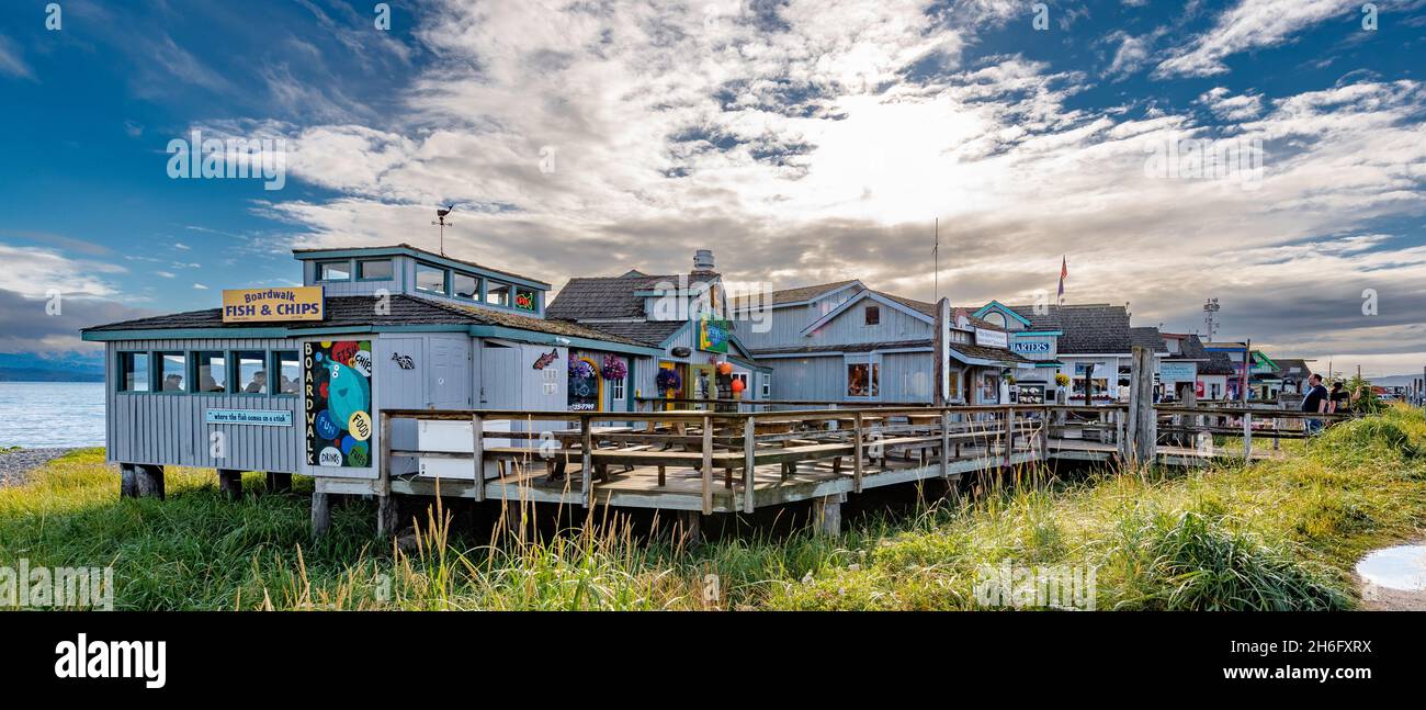 Homer Spit, Alaska, USA - August 07, 2018: Homer Spit shopping area with many gift shops and restaurants. Stock Photo