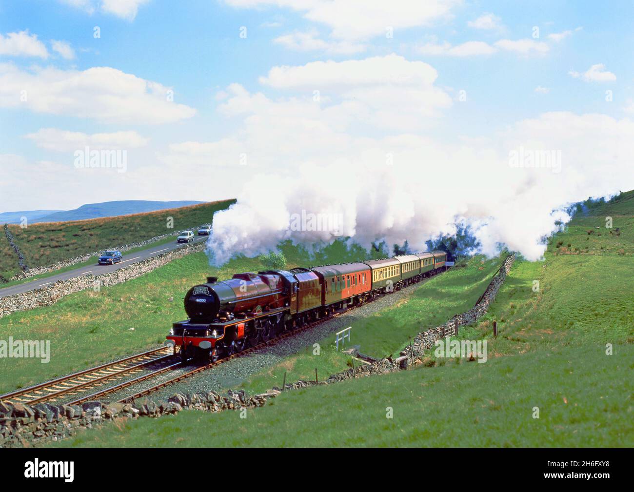 Princess class no 46203 Princess Margaret Rose coming out of Shotlock Hill Tunnel, Settle to Carlisle Railway, England Stock Photo