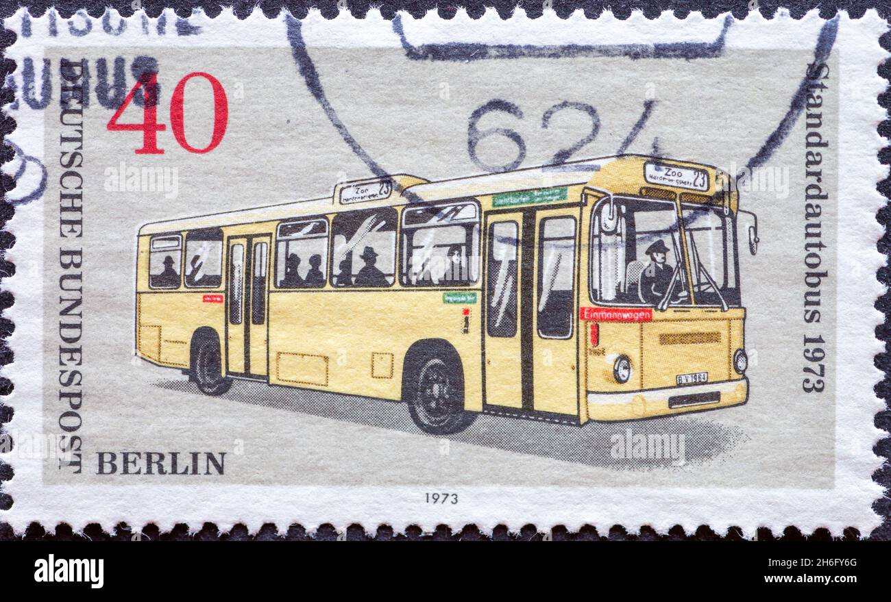 GERMANY, Berlin - CIRCA 1973: a postage stamp from Germany, Berlin showing Berlin road transport Standard bus 1973 Stock Photo