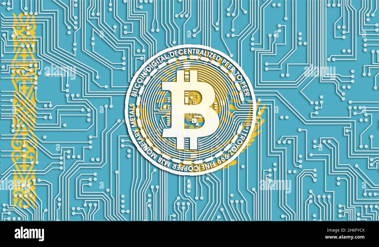 flag of Kazakhstan and bitcoin, Integrated Circuit Board pattern. Bitcoin  Stock Growth. Conceptual image for investors in cryptocurrency and  Blockchai Stock Photo - Alamy