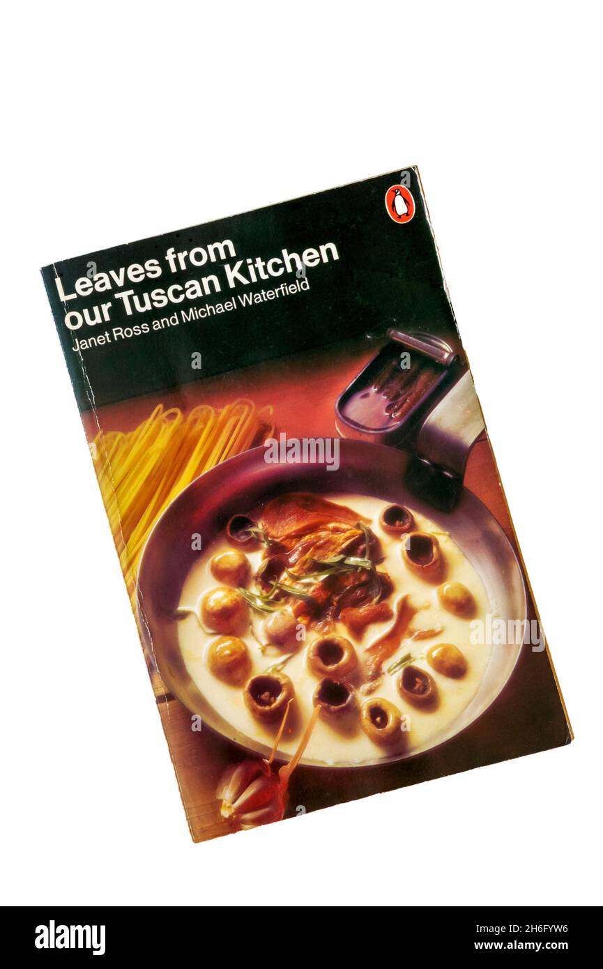 A well-used 1973 copy of Leaves from our Tuscan Kitchen by Janet Ross and Michael Waterfield.  Originally published in 1899. Stock Photo