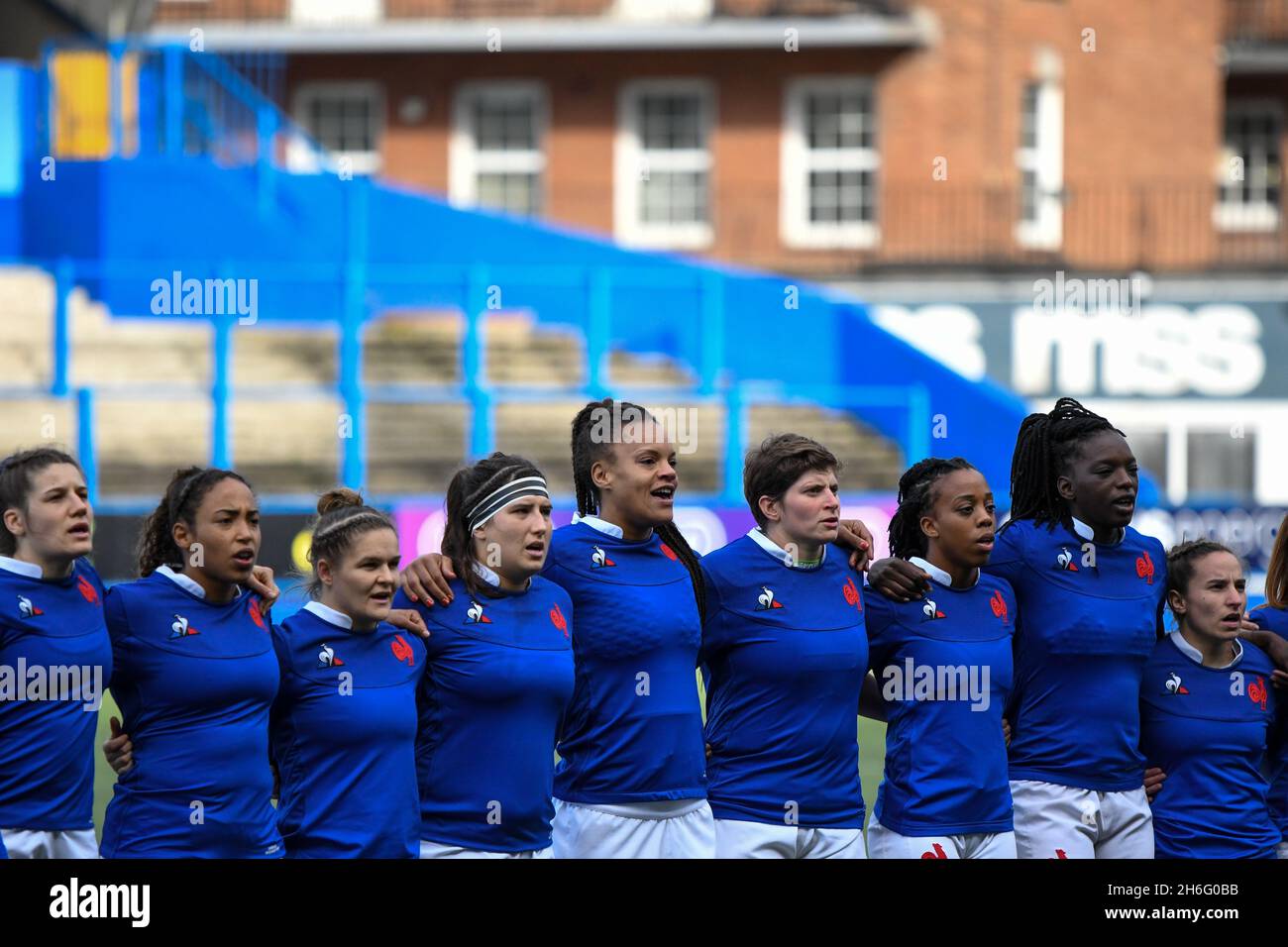 Cardiff, Wales. 23 February, 2020. The France Women's team sing the French National anthem La Marseillaise before the Women's Six Nations Championship match between Wales and France at Cardiff Arms Park in Cardiff, Wales, UK on 23, February 2020. Credit: Duncan Thomas/Majestic Media/Alamy Live News. Stock Photo