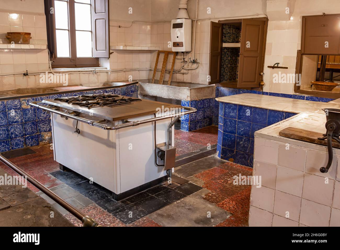 Barcelona, Spain - September 24, 2021: The kitchen inside the Pedralbes monastery. It is one of the areas of the monastery which best reflects the pas Stock Photo