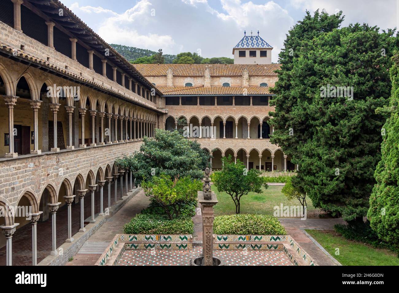 Exterior of the Monastery of Santa María de Pedralbes. The Royal Monastery of Santa María de Pedralbes is a set of Gothic-style monuments located in t Stock Photo