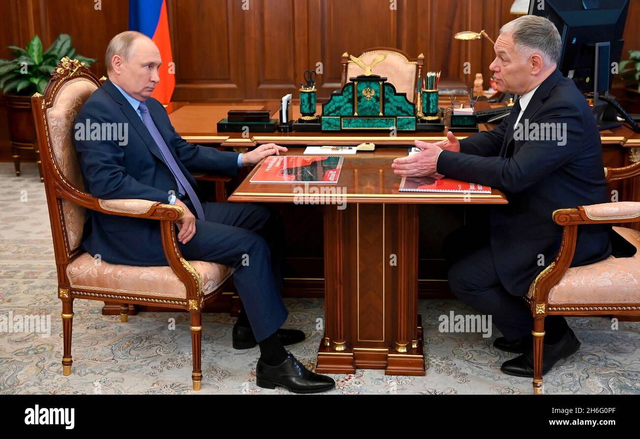 Moscow, Russia. 15th Nov, 2021. Russian President Vladimir Putin, holds a face-to-face meeting with Russian Highways State Company CEO Vyacheslav Petushenko at his Kremlin office November 15, 2021 in Moscow, Russia. Credit: Aleksey Nikolskyi/Kremlin Pool/Alamy Live News Stock Photo