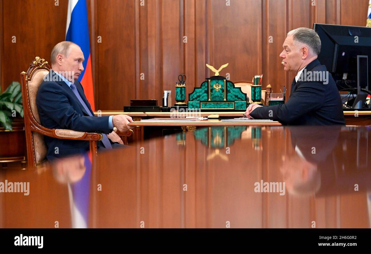 Moscow, Russia. 15th Nov, 2021. Russian President Vladimir Putin, holds a face-to-face meeting with Russian Highways State Company CEO Vyacheslav Petushenko at his Kremlin office November 15, 2021 in Moscow, Russia. Credit: Aleksey Nikolskyi/Kremlin Pool/Alamy Live News Stock Photo