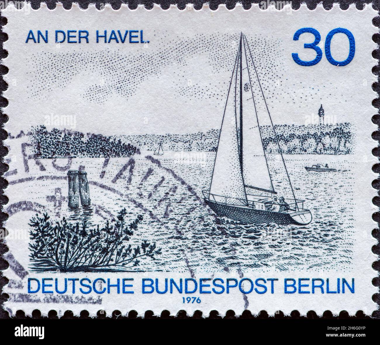 GERMANY, Berlin - CIRCA 19676: a postage stamp from Germany, Berlin showing a Berlin view: sailboat and motorboat on the Havel Stock Photo