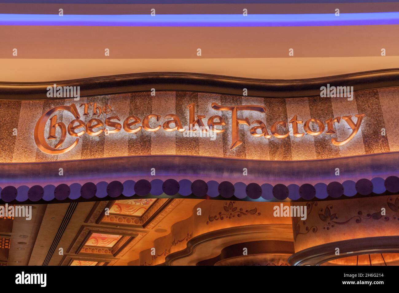 DUBAI, UAE MARCH 10, 2017 Cheesecake Factory restaurant sign in the