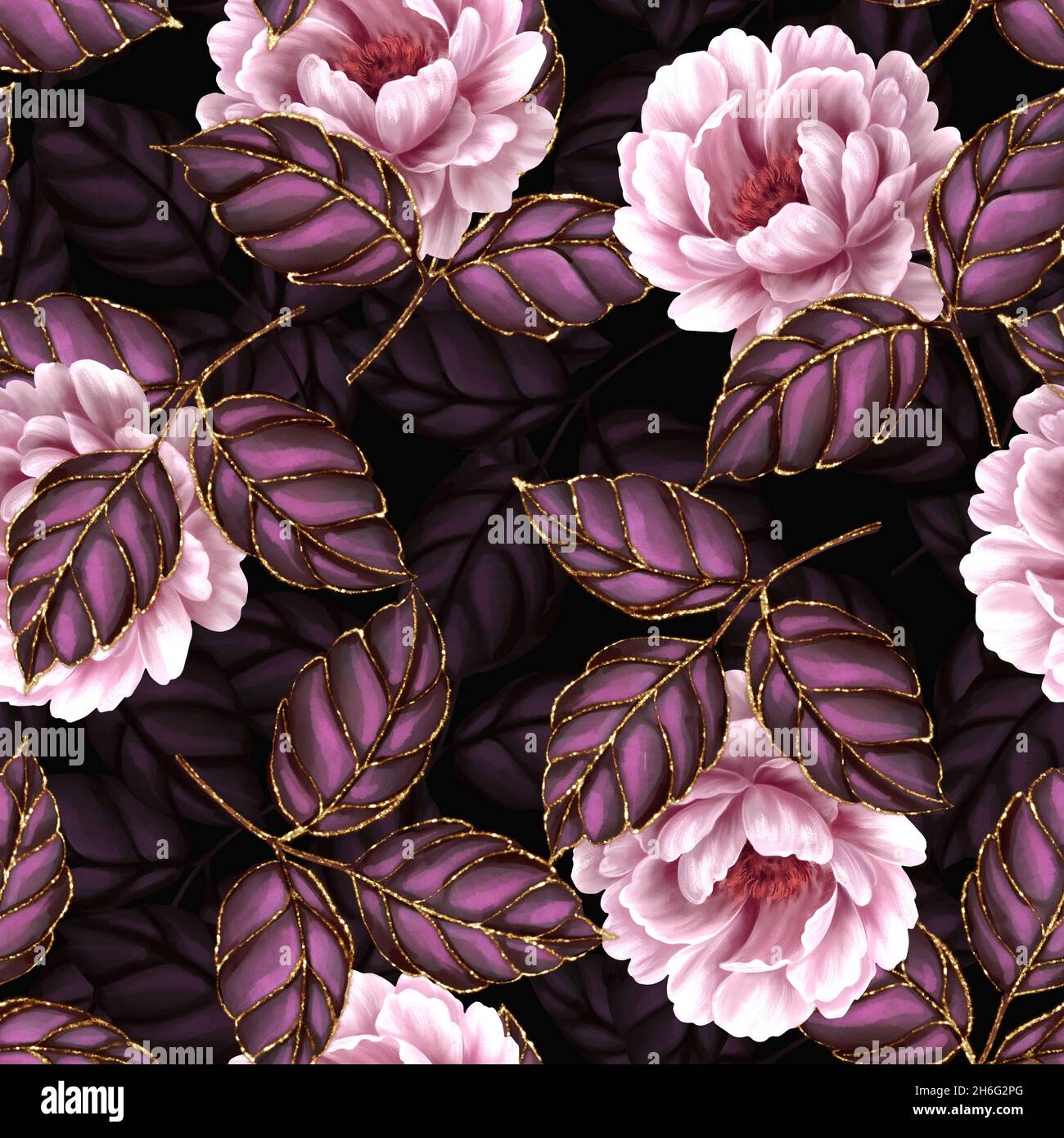Seamless pattern with decorative rose flowers and leaves. Dark floral ...