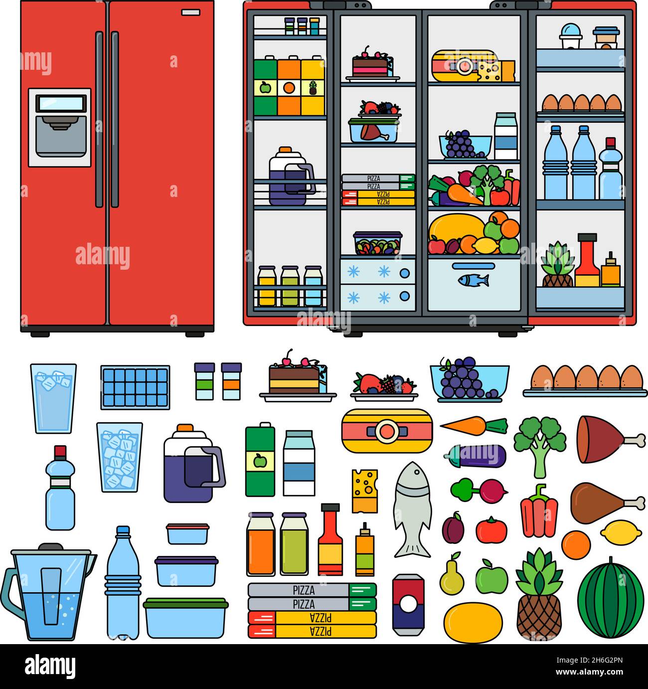 Refrigerator with products flat line vector Stock Vector