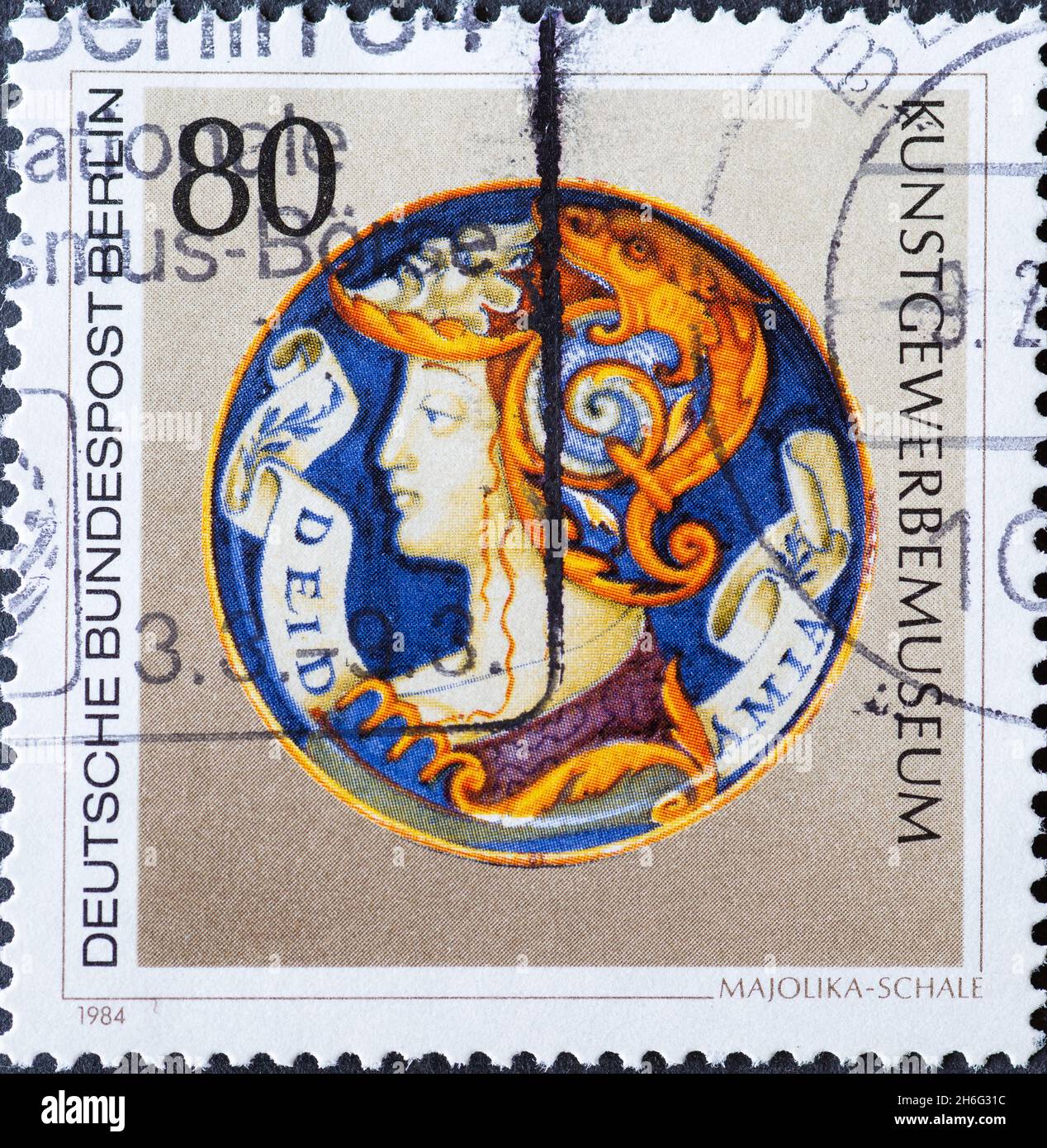 GERMANY, Berlin - CIRCA 1984: a postage stamp from Germany, Berlin showing art treasures in Berlin museums: majolica bowl Museum of Decorative Arts Stock Photo