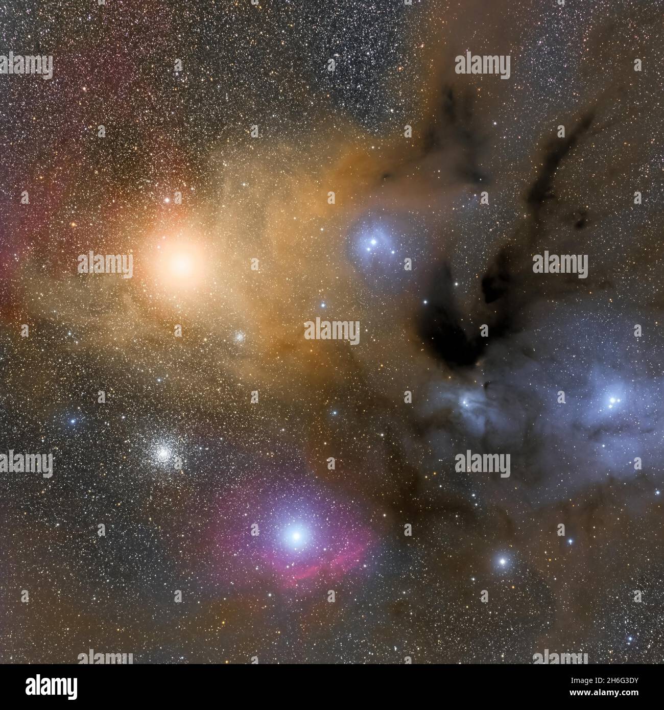 Rho Ophiuchi (ρ Ophiuchi) is a multiple star system in the constellation Ophiuchus. The central system has an apparent magnitude of 4.63. Stock Photo