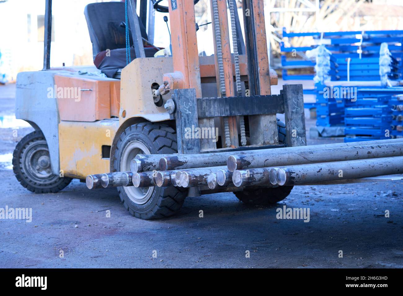 Old forklift machine with clean sandblasted tubes . High quality photo Stock Photo