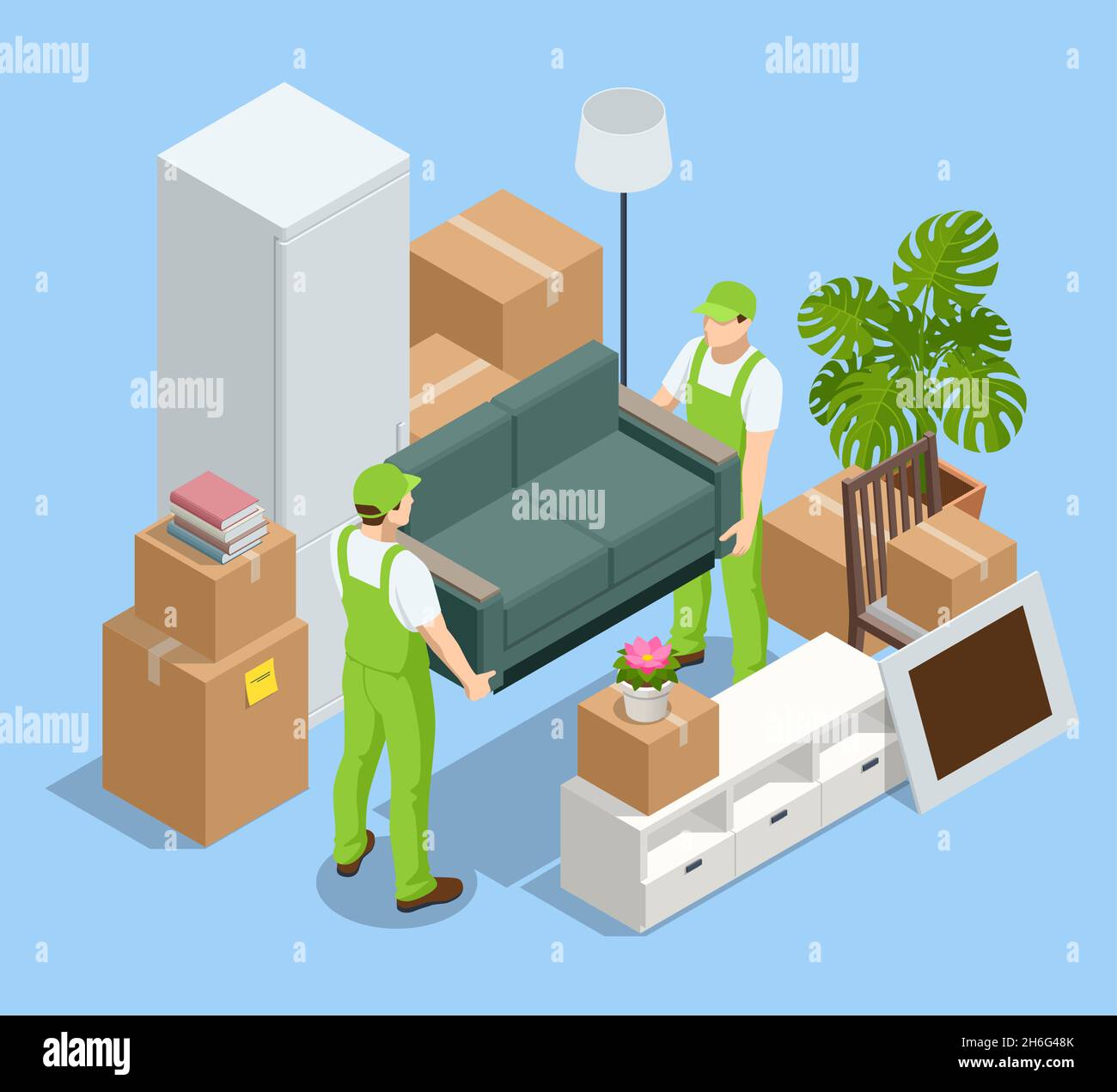 Isometric Furniture delivery, moving house service concept. Carton boxes with stuff. Relocation