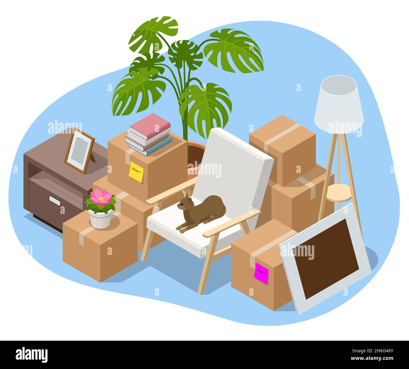 Isometric Furniture delivery, moving house service concept. Carton boxes with stuff. Relocation