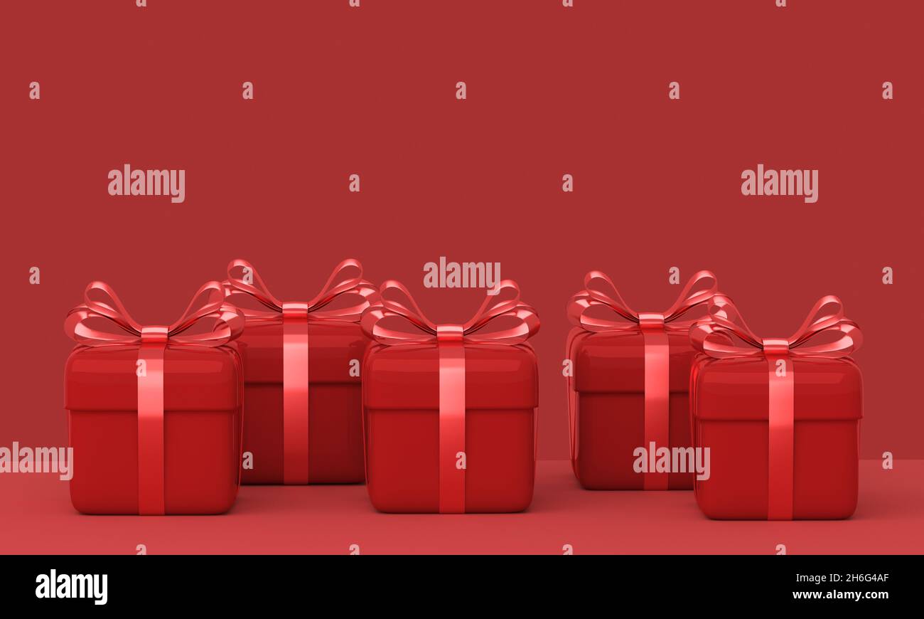 Row of the gifts on red background. Copy space. 3d rendering Stock Photo
