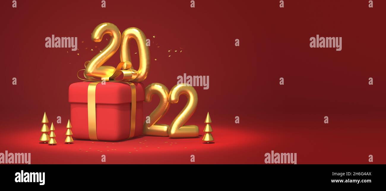 Red gift box with golden metal numbers 2022. Copy space. 3d rendering Stock Photo