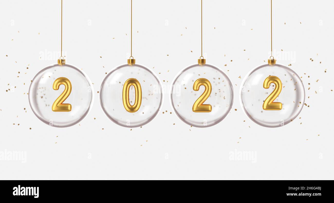Golden metal number in glass christmas balls on white background. 3d rendering Stock Photo