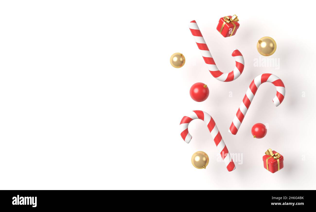 Candy canes, balls and little gift boxes on white background. Copy ...