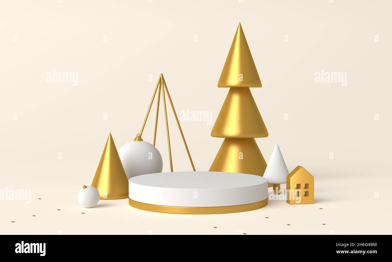 Abstract golden Christmas trees, balls and podium for displaying products at the Christmas festival. 3d rendering Stock Photo