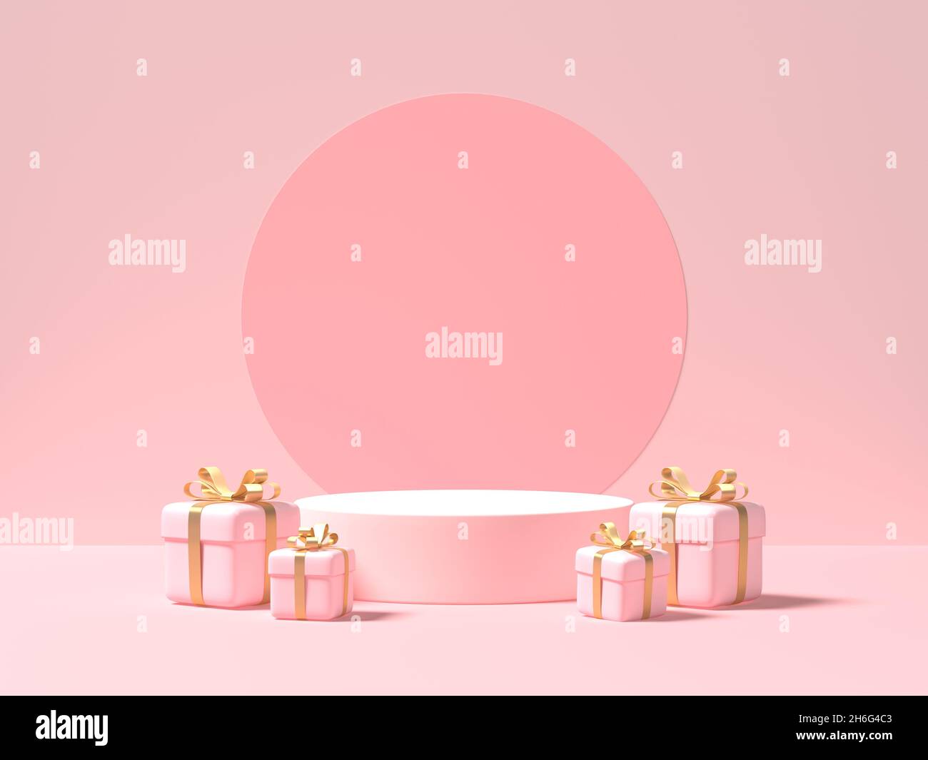 Empty pink podium and gift boxes on pink background. 3d rendering Stock Photo
