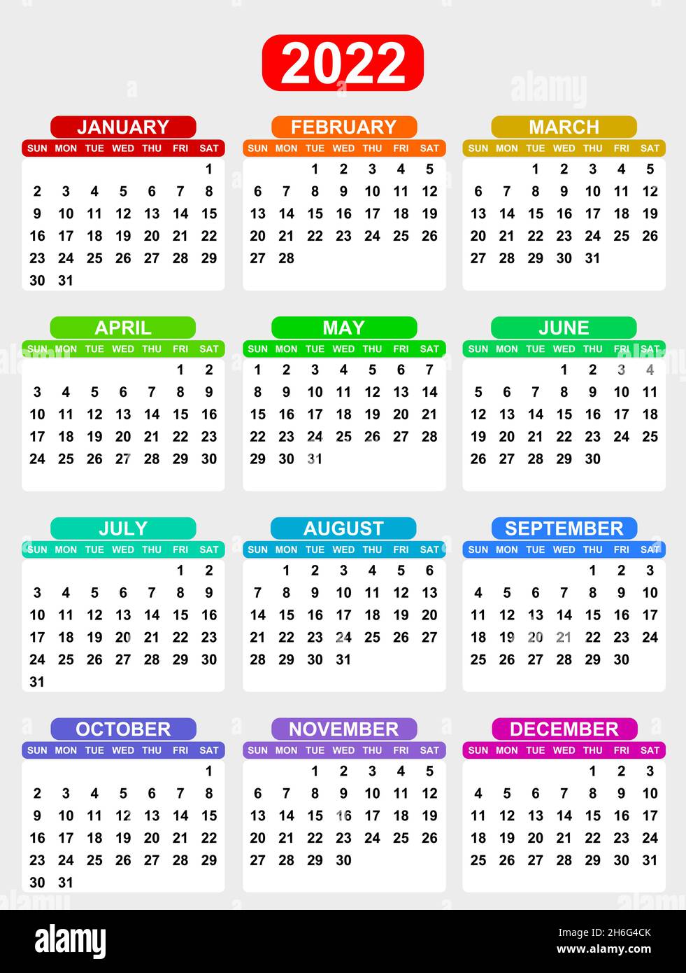 Edit Calendar 2022 Colorful Vector Calendar For Year 2022 Sundays First, Easy To Edit And Use  Stock Vector Image & Art - Alamy