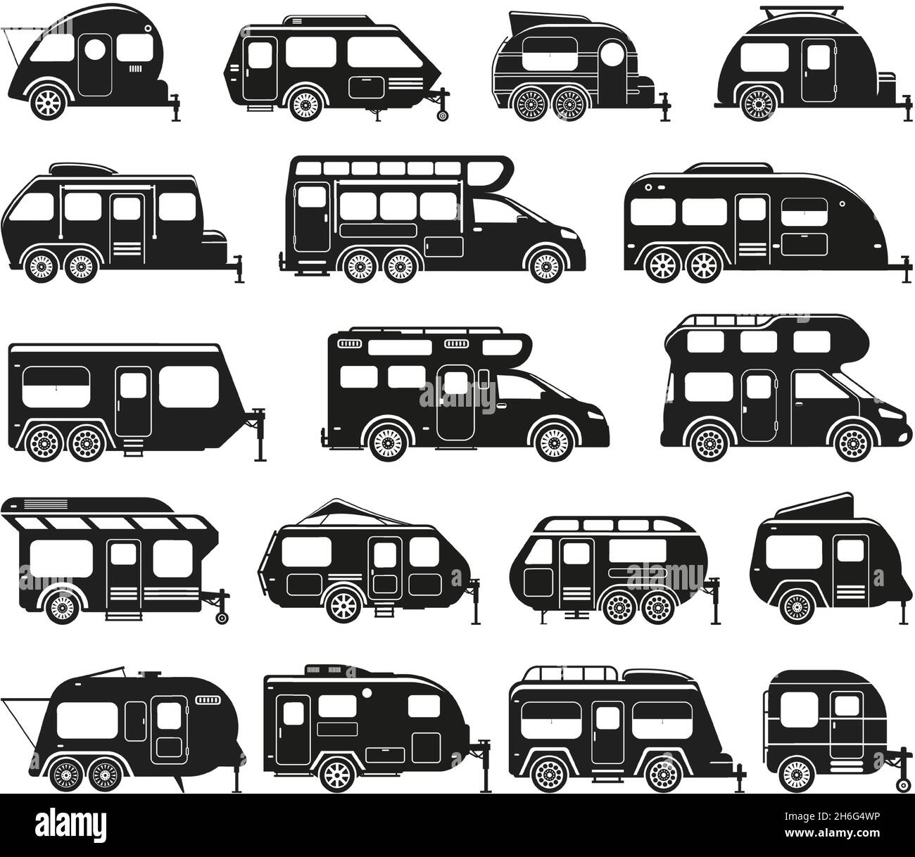 Camper vans, caravan rv cars and camping trailers silhouettes. Camping motor home, road trip car wagon vector flat illustration set. Recreational Stock Vector