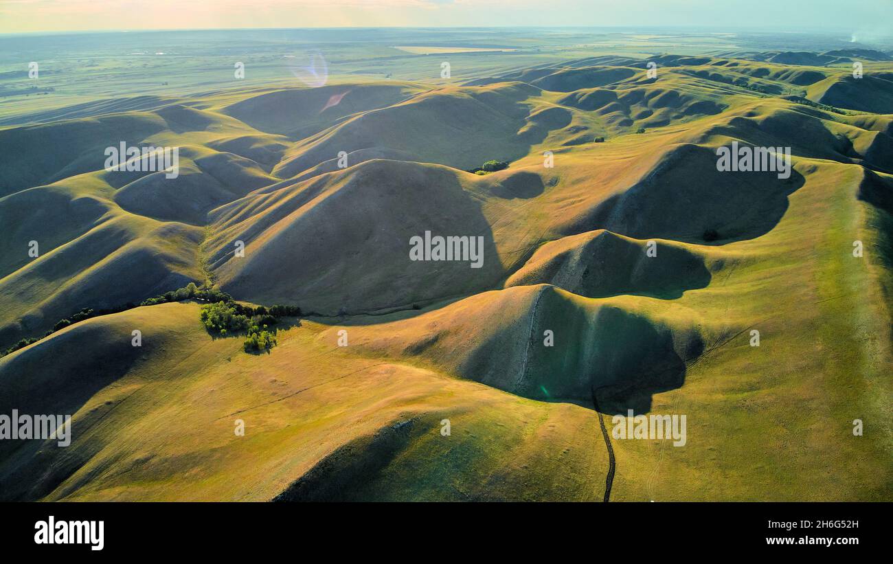 Aerial View of the Long Mountains Ridge. The beginning of the Ural mountains. Orenburg region. Stock Photo