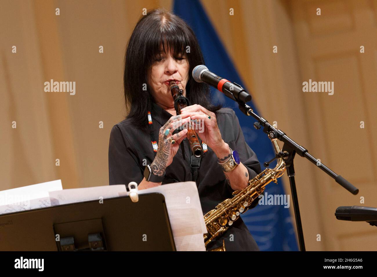 Washington, United States of America. 19 September, 2019. Joy Harjo performs during her opening event as the U.S. Poet Laureate in the Coolidge Auditorium, September 19, 2019 in Washington, D.C.  Credit: Shawn Miller/Library of Congress/Alamy Live News Stock Photo